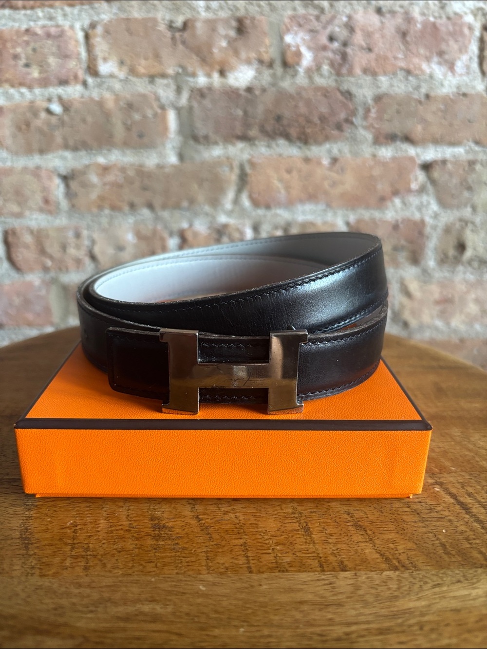 HERMES Leather Belt with H Buckle - Black/Grey